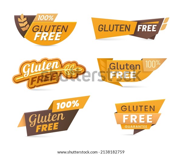Gluten free cereal food icons, lables and\
banners, wheat grain vector symbol or stamp. Gluten free bread,\
allergy diet nutrition products sticker or menu sign for 100\
percent gluten free\
guarantee
