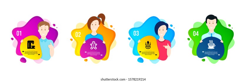 Gluten free, Coffee machine and Gingerbread man icons simple set. People shapes timeline. Coffee cup sign. Bio ingredients, Cappuccino machine, Christmas cookie. Tea mug. Food and drink set. Vector