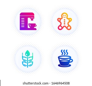 Gluten free, Coffee machine and Gingerbread man icons simple set. Button with halftone dots. Coffee cup sign. Bio ingredients, Cappuccino machine, Christmas cookie. Tea mug. Food and drink set. Vector
