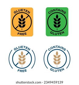 Gluten Free and Contains Gluten Symbol, icon, no guten, fiber, certified, sticker, label, logo, symbole, sign, latest design emblem, flat vector, isolated illustration, 