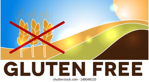 Gluten free design, landscape with wheats crossed with red lines.