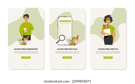 Gluten free diet web application template. People are looking for gluten-free alternatives online. Concept of gluten free diet, wellness, meal planning and online shopping. Vector illustration