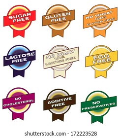 gluten free, egg free, lactose free and sugar free signs. Various colorful designs, can be used as stamps, seals, badges, for packaging etc. Isolated on a white background.