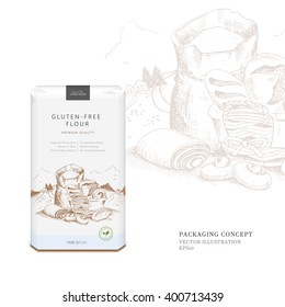 Gluten Free Flour. Concept for packaging design for specific flour substitutes. Vector template with scene of rustic landscape with bag and wicker basket with homemade cakes in woodcut style.