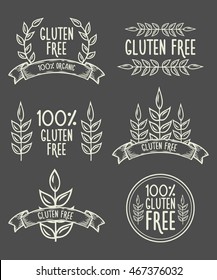 Gluten free food bio seals labels collection. Gluten free Organic food emblems, cereals, wheat. Hand drawn gluten free sketch line retro vintage vector illustration. Chalkboard, blackboard background