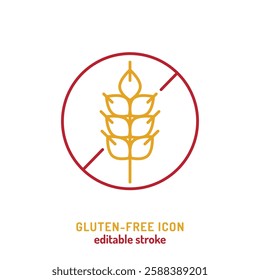 Gluten free food. Linear icon, pictogram, symbol. Healthy lifestyle concept. Editable stroke. Isolated vector illustration in outline style on a white background