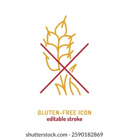 Gluten free food. Linear icon, pictogram, symbol. Healthy lifestyle concept. Editable stroke. Isolated vector illustration in outline style on a white background