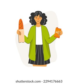 Gluten Free Food. Woman holding a bread and a milk. Gluten-free alternatives. Concept of healthy eating, personal diet. Vector Illustration.