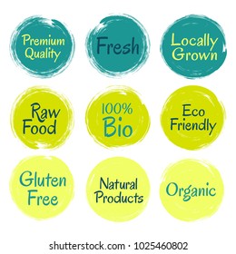 Gluten free fresh raw food stamps, eco friendly, bio, premium quality icons, organic locally grown natural products logo labels vector set. Grunge food etiquette logo icons, packaging labels.