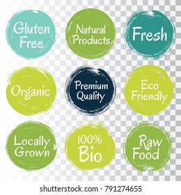 Gluten free fresh raw food stamps, eco friendly, bio, premium quality icons, organic locally grown natural products logo labels vector set. Grunge food etiquette logo icons, packaging labels.