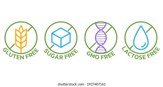 Gluten free, GMO free, sugar free, lactose free icon set. Allergy logos. Product packaging labels. Vector illustration.