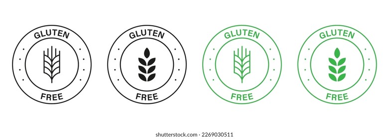 Gluten Free Green and Black Stamp Set. Non Wheat Allergy Label for Restaurant Menu. Organic Food Free Grain Symbol. No Gluten Nutrition Sign. No Gluten Diet Logo. Isolated Vector Illustration.