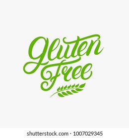 Gluten free hand written lettering logo, label, badge, emblem with ear of wheat for organic food, products packaging, farmer market. Calligraphic inscription. Isolated. Vector illustration.