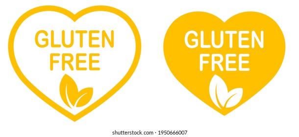 Gluten free heart-shaped stamp. Gluten intolerance. Yellow logo or label. Vector illustration	