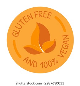 Gluten free and hundred percent vegan product or ingredient. Food and meals for vegetarians, dieting, and keeping healthy or fit. Label or logotype, emblem for the package. Vector in flat style