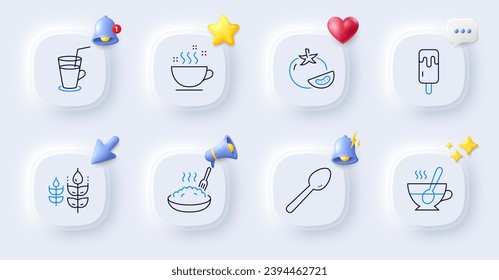 Gluten free, Ice cream and Porridge line icons. Buttons with 3d bell, chat speech, cursor. Pack of Cocktail, Coffee cup, Tea cup icon. Spoon, Tomato pictogram. For web app, printing. Vector