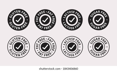 gluten free icon, fat free icon, lactose free icon, sugar free icon, black color vector illustration