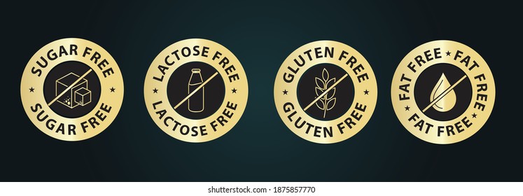 gluten free icon, fat free icon, lactose free icon, sugar free icon, black color golden vector