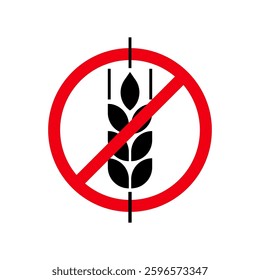 Gluten free icon. Logo symbol gluten free bread. Grain wheat. Oat fiber food against celiac disease. Black round and red label isolated on white background. Badge design cereal. Vector illustration