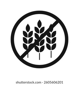 Gluten free icon. Logo symbol gluten free bread. Grain wheat. Oat fiber food against celiac disease. Black round label isolated on white background. Badge design cereal. Sticker. Vector illustration