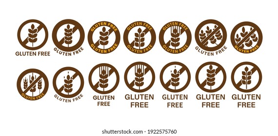 Gluten free icon set. Crossed out sign with wheat ear or wheat spike icon. Applicable as symbol for gluten free healthy food or product. Crossed circle with wheat or cereal spike. Vector illustration.