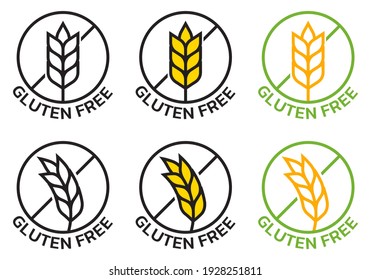 Juego de iconos libres de gluten con símbolo de grano o trigo. Etiqueta de alergia alimentaria o colección de logotipos. Ilustración vectorial.