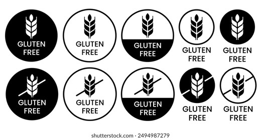 Gluten free icons. Set allergen free icons. Allergen free products. Products warning symbols.