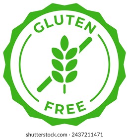 Gluten free label or grain free diet green vector icon illustration for product package. No gluten logo, symbol, badge, tag or emblem isolated in green circle design. Wheat sticker, mark or stamp.