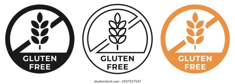 Glutenfreies Etikett. Kein Gluten-Symbol. Kornfreies, verbotenes oder verbotenes Logo, Abzeichen, Symbol, Stempel, Logo, Logo, Aufkleber, Emblem, Zeichen oder Siegel isoliert.