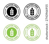 Gluten free label vector design for packaging. No gluten icon. Food allergens free product color sticker. Illustration, logo, symbol, sign, stamp, tag, emblem, mark or seal for package.
