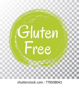 Gluten free label vector, green painted round emblem icon for products free of gluten packaging, food pack. No gluten sign, tag circle stamp isolated on transparent, logo shape label graphic design.