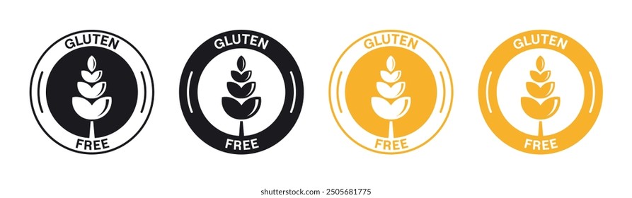 Conjunto de Vector de etiquetas sin gluten. Iconos de sello de comida sin gluten negros y naranjas. Símbolo aislado sin gluten colección. Diseño de insignias de embalaje, Ilustración vectorial.