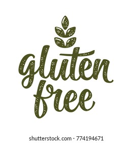 Gluten free lettering with leaf. Vector dark green vintage illustration on white background.