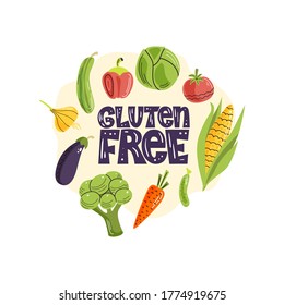 Gluten free lettering phrase. Hand-drawn lettering illustration with vegetables on the light background.