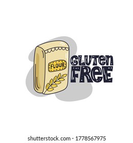 Gluten Free Lettering Phrase. Hand-drawn Lettering Illustration With Flour Packaging On The Light Background.