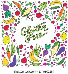 Gluten free lettering with vegetables and fruits. Eggplant, corn, banana, lemon, carrot, beetroot and greens.