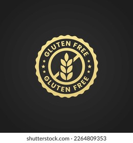 vector de logotipo libre de gluten o vectores de icono de etiqueta sin gluten aislados en fondo negro. Etiquetas o sellos sin gluten para productos dietéticos saludables. Logotipo o sello sin gluten para productos de apoyo a la dieta.