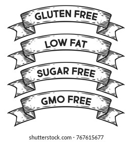 gluten free, low fat, sugar free, GMO free badge emblem ribbon. Monochrome set vintage engraving sign isolated. Sketch hand drawn illustration retro style.