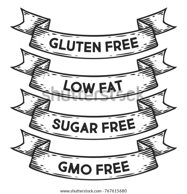 グルテンフリー 低脂肪 無糖 Gmoフリーのバッジエンブレムリボン 白黒のセットビンテージ彫刻サイン レトロなスケッチ手描きのイラスト スタイル のベクター画像素材 ロイヤリティフリー