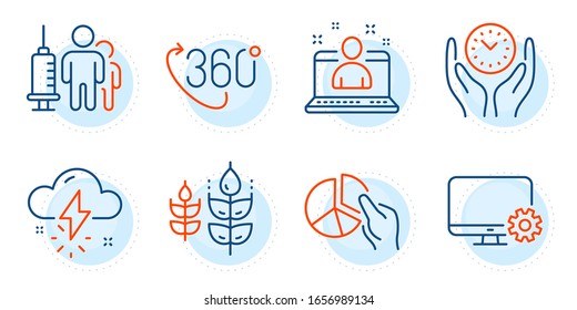 Gluten free, Medical vaccination and 360 degree signs. Safe time, Monitor settings and Thunderstorm weather line icons set. Best manager, Pie chart symbols. Management, Service cogwheel. Vector