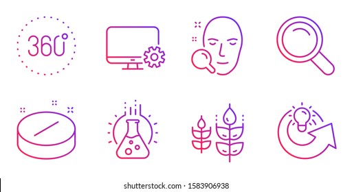 Gluten free, Monitor settings and 360 degrees line icons set. Medical tablet, Search and Face search signs. Chemistry lab, Share idea symbols. Bio ingredients, Service cogwheel. Science set. Vector