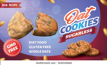 Gluten Free Oat Cookies Horizontal Banner, Sugarless Diet Food, GMO Free, Fresh Natural Whole Pastry for Healthy Eating, Traditional Bakery Advertising Poster Design Realistic 3d Vector Illustration