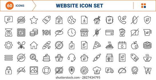 Gluten free option website kit visual line icon set covering allergen, wheat, options, and dietary concepts, thin linear illustration.
