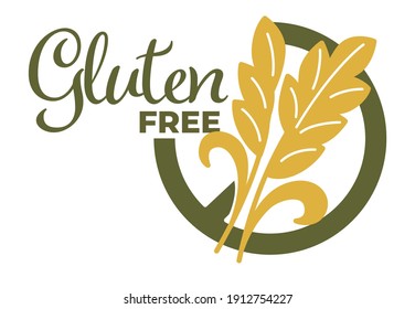 Diseño del logo de productos alimenticios ecológicos sin gluten aislado en blanco. Tos sin sustancias nocivas ilustración vectorial en estilo plano con trigo y logotipo de texto escrito, horneado nutritivo