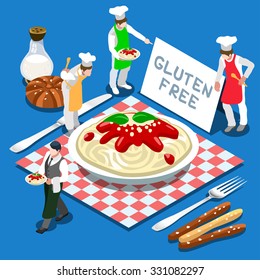 Gluten Free Plate of Pasta Italian Recipe. Flat 3d Isometric Colorful Concept of Mais or Rice Pasta Products. Simply Delicious Taste of Home. People set Collection JPG JPEG Image Art Vector EPS 10 AI