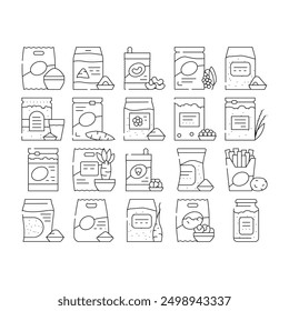 Gluten Free Products Collection Icons Set Vector. Gluten Free Rice And Quinoa Porridge Food, Beans And Chia And Tapioca, Oats And Milk Drink Contour Illustrations