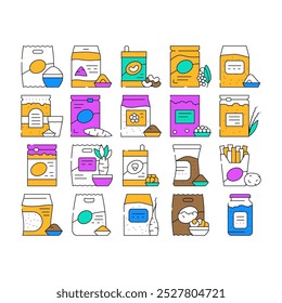 Gluten Free Products Collection Icons Set Vector. Gluten Free Rice And Quinoa Porridge Food, Beans And Chia And Tapioca, Oats And Milk Drink Contour Illustrations