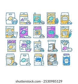 gluten free products doodle icons set vector. sketch line art gluten free rice and quinoa porridge food, beans and chia and tapioca, oats and milk drink contour illustrations