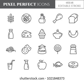 Gluten free products pixel perfect icons set with different food and meals for allergy dieting elements. Isolated 48x48 pixels pictograms vector illustration with editable stroke.