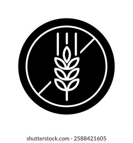 Gluten Free Round Black Vector Flat Label with Wheat Sign on White Background. Organic, Bio and Ecological Label for Packaging Design. Certified Food Badge, Stamp.	